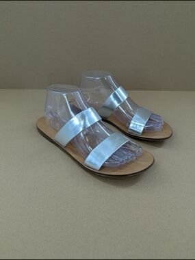 J. Crew Metallic Silver Double-Band Slide Sandals Summer Minimalist 8 Women's
